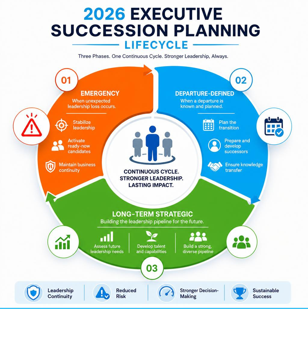 2026 Executive Succession Planning Lifecycle Infographic Showing Emergency, Departure-Defined, And Long-Term Strategic 2026 Executive Succession Planning Lifecycle Infographic Showing Emergency, Departure-Defined, And Long-Term Strategic