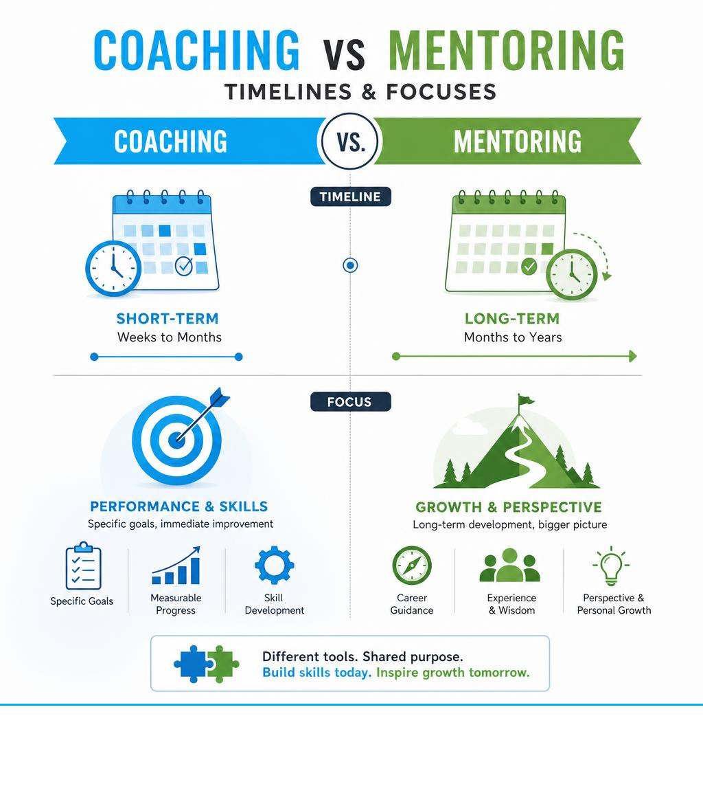 Infographic Comparing Coaching And Mentoring Timelines And Focuses Infographic Infographic Comparing Coaching And Mentoring Timelines And Focuses Infographic