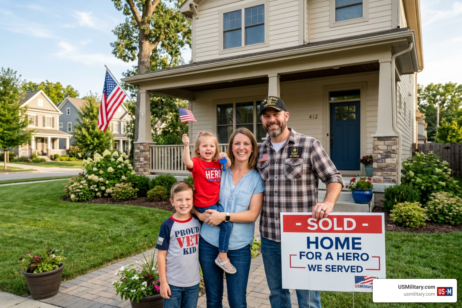 veteran family standing in front of their new home veteran family standing in front of their new home