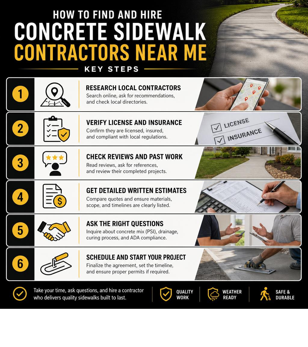 How to find and hire concrete sidewalk contractors near me - key steps infographic infographic