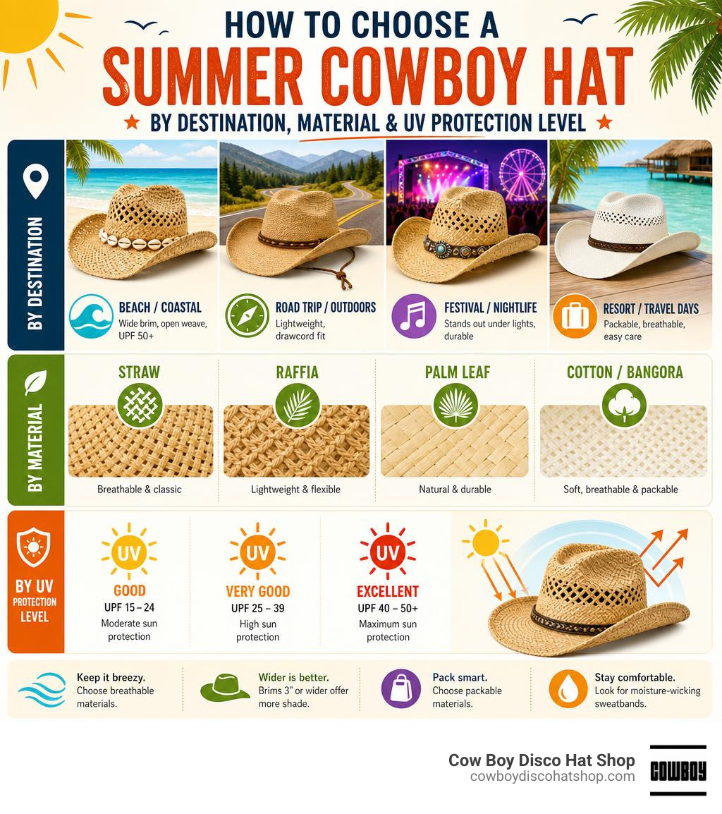 Infographic showing how to choose a summer cowboy hat by destination, material, and UV protection level infographic Infographic showing how to choose a summer cowboy hat by destination, material, and UV protection level infographic