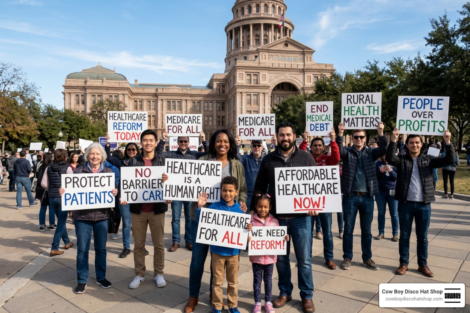 A family and advocates holding signs demanding healthcare reform at a state capitol building