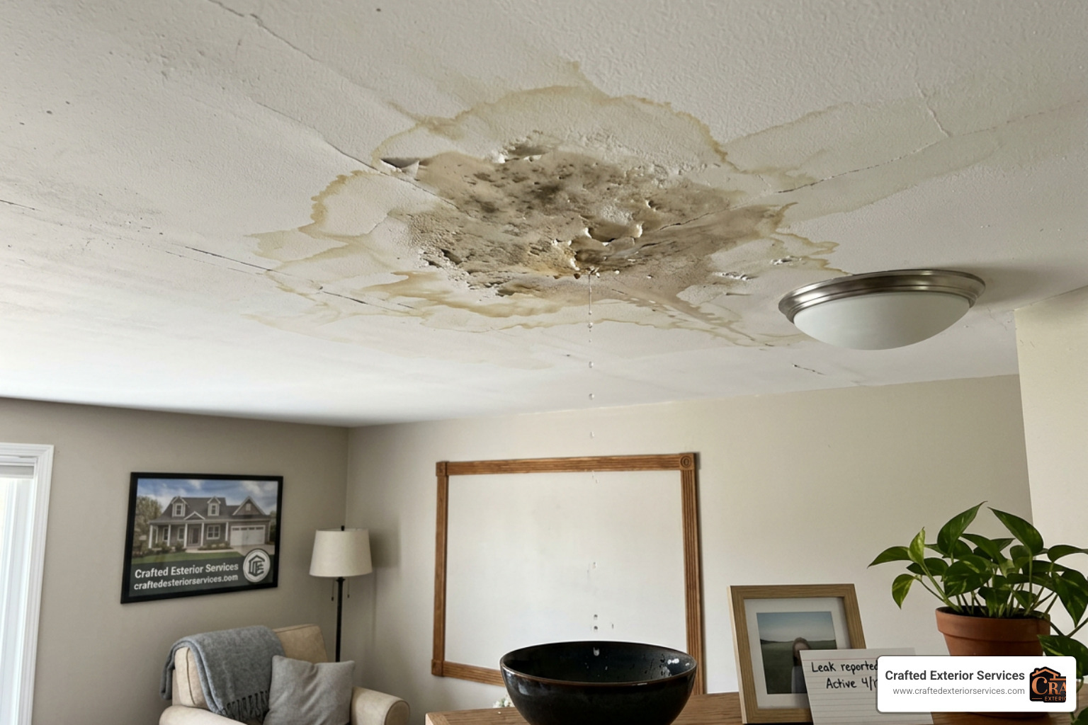 water stains on a living room ceiling indicating an active roof leak water stains on a living room ceiling indicating an active roof leak