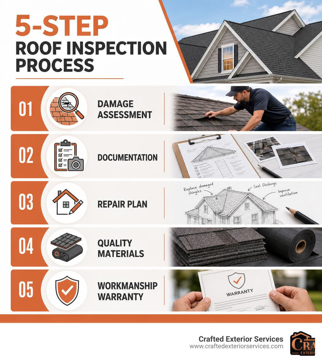 5-step roof inspection process showing damage assessment, documentation, repair plan, materials, and workmanship warranty 5-step roof inspection process showing damage assessment, documentation, repair plan, materials, and workmanship warranty