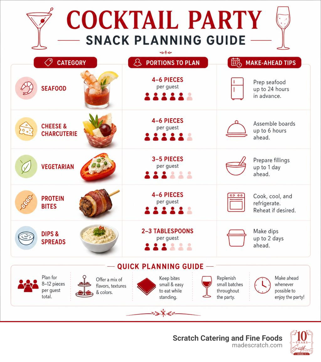Infographic: cocktail party snack planning guide with categories, portions, and make-ahead tips infographic Infographic: cocktail party snack planning guide with categories, portions, and make-ahead tips infographic
