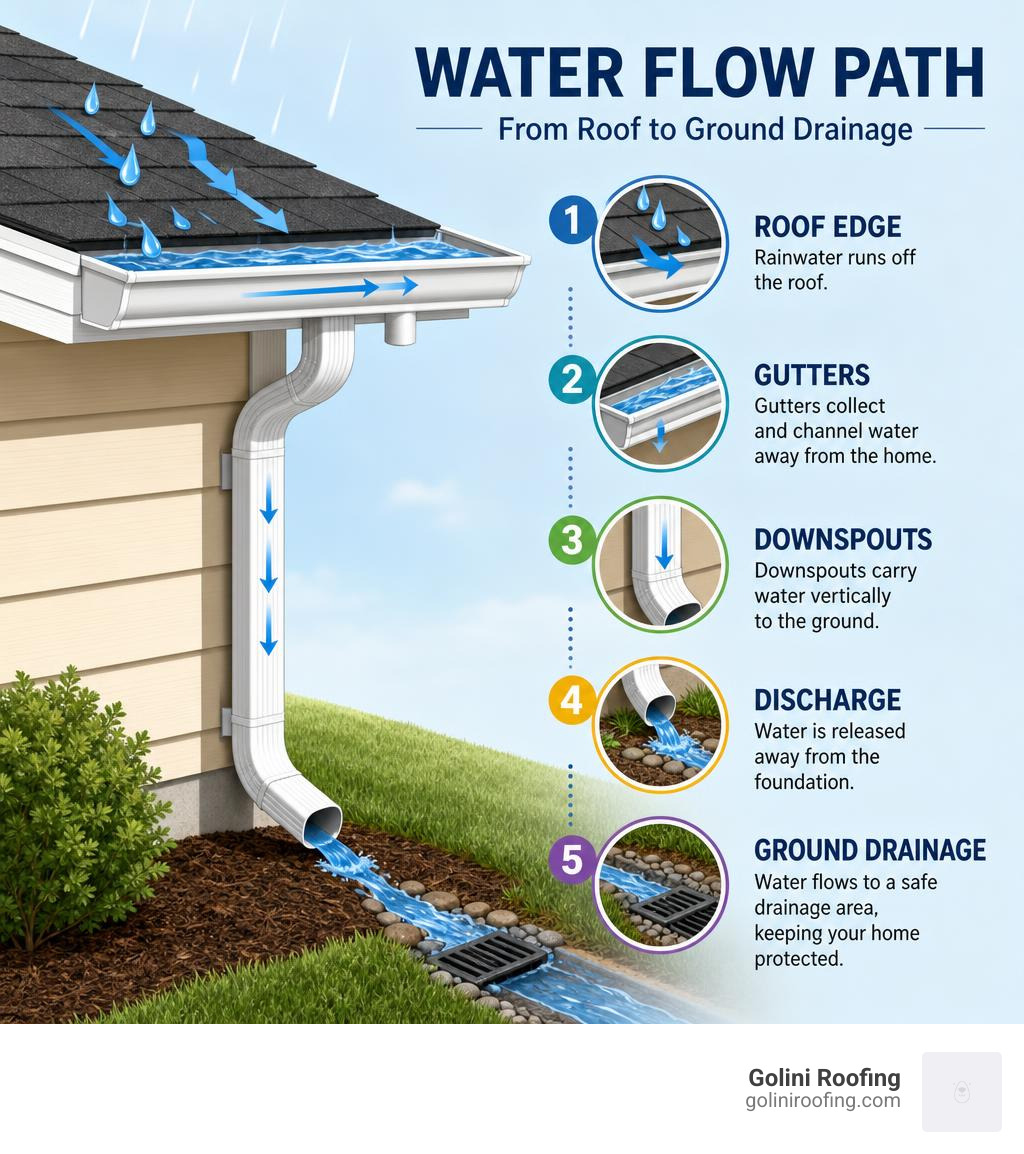 Infographic showing water flow path from roof edge through gutters and downspouts to ground drainage infographic Infographic showing water flow path from roof edge through gutters and downspouts to ground drainage infographic