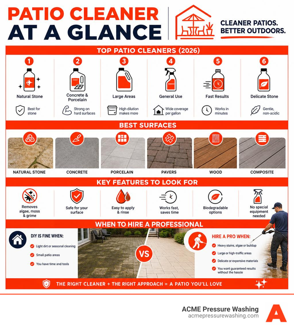 Infographic showing top patio cleaners, best surfaces, key features, and when to hire a professional infographic Infographic showing top patio cleaners, best surfaces, key features, and when to hire a professional infographic