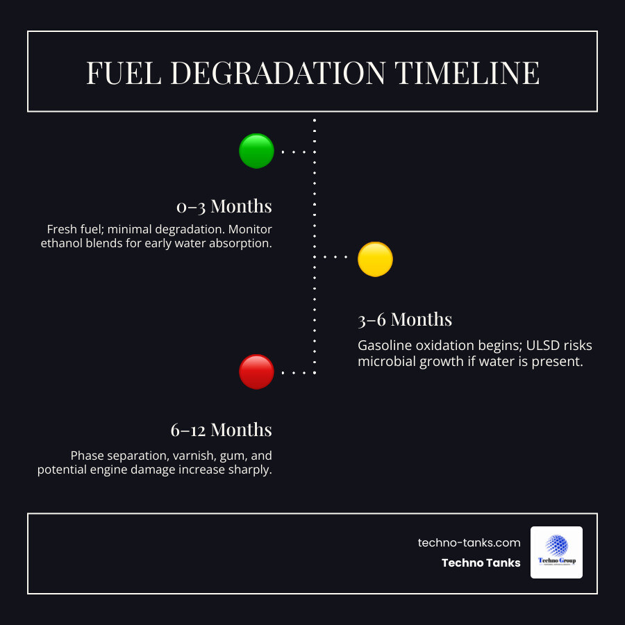 Fuel degradation timeline infographic for gasoline and diesel short term storage infographic Fuel degradation timeline infographic for gasoline and diesel short term storage infographic