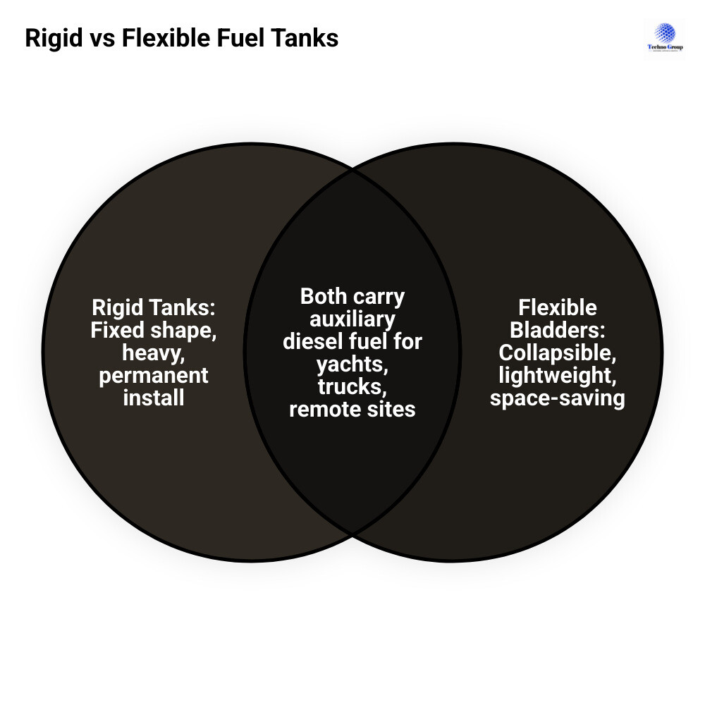 Infographic comparing collapsible diesel fuel bladders vs rigid portable tanks: space, weight, capacity, deployment Infographic comparing collapsible diesel fuel bladders vs rigid portable tanks: space, weight, capacity, deployment