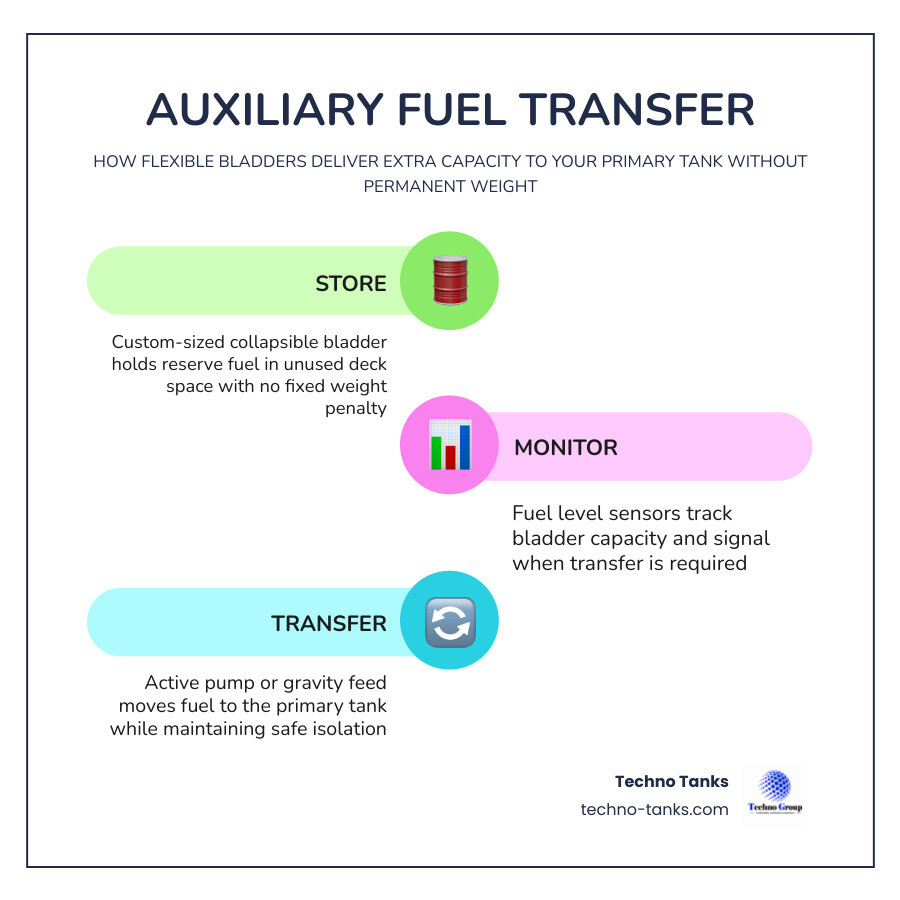 Auxiliary fuel system infographic showing transfer flow from flexible bladder to primary tank with capacity and use-case Auxiliary fuel system infographic showing transfer flow from flexible bladder to primary tank with capacity and use-case