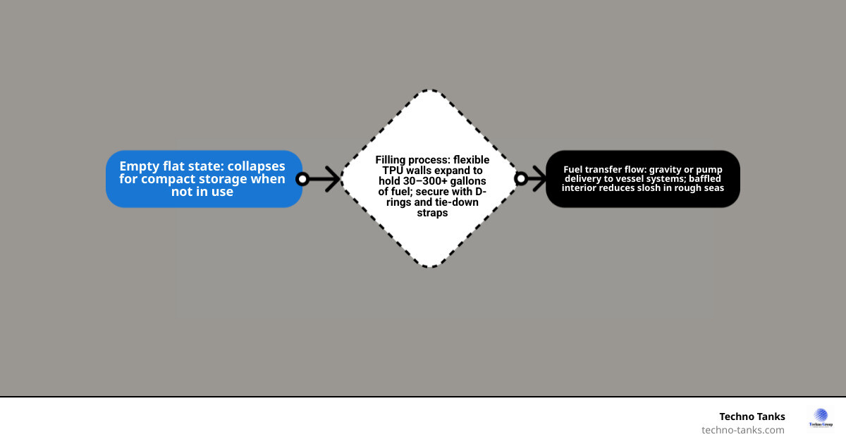 Infographic showing how a collapsible marine bladder works: empty flat state, filling process, deployed on deck, tie-down Infographic showing how a collapsible marine bladder works: empty flat state, filling process, deployed on deck, tie-down
