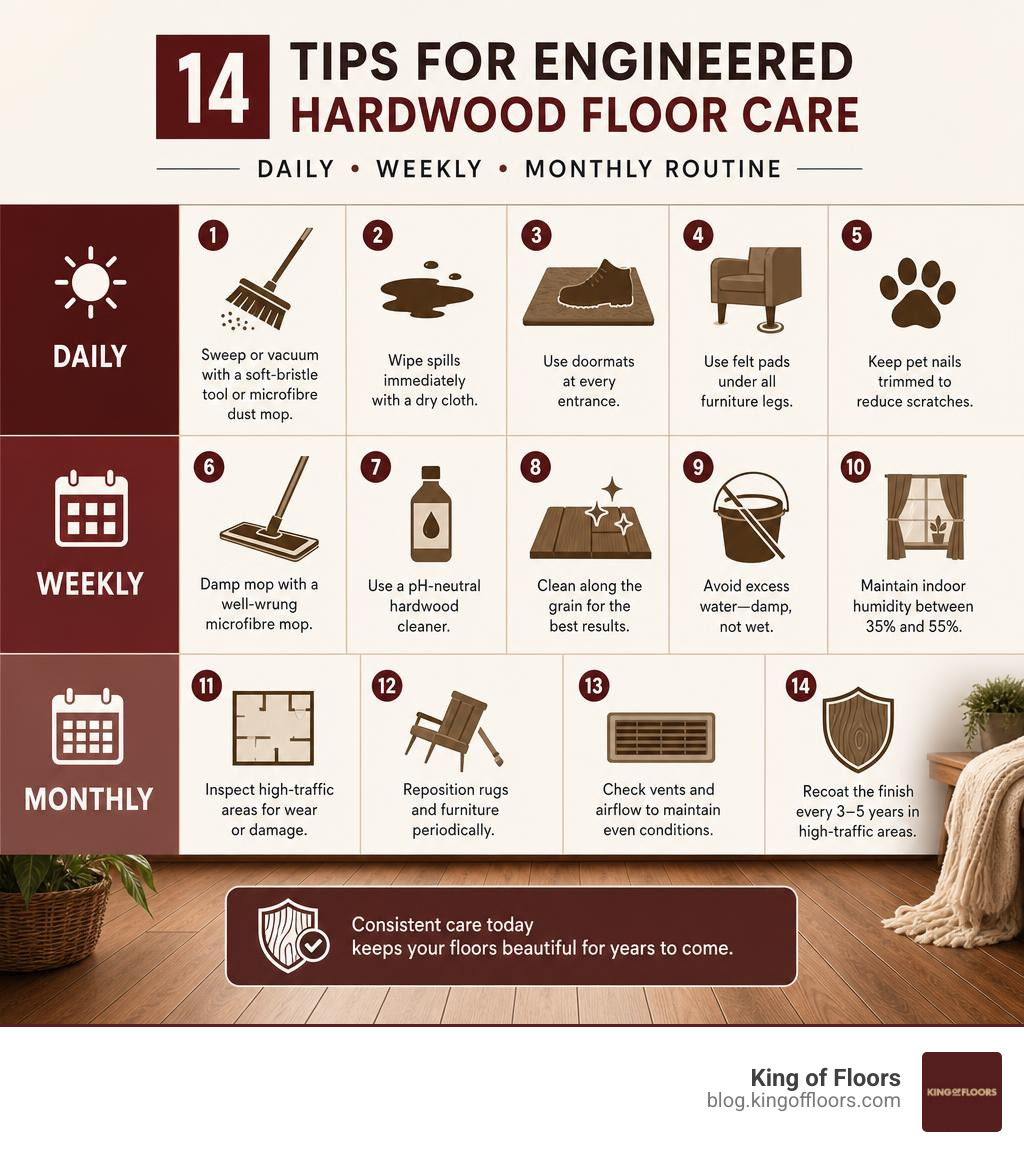14 tips for engineered hardwood floor care daily weekly monthly routine infographic infographic