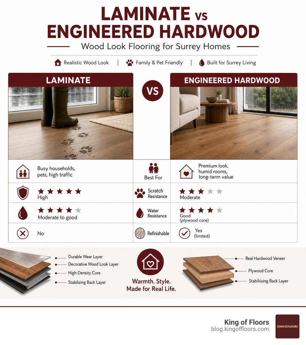 Infographic comparing laminate vs engineered hardwood wood look flooring for Surrey homes infographic Infographic comparing laminate vs engineered hardwood wood look flooring for Surrey homes infographic