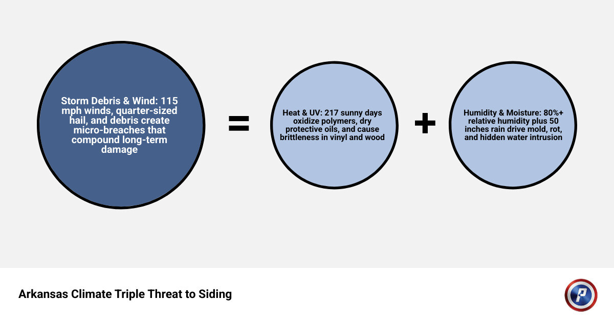 Infographic showing how Arkansas heat humidity and storm debris damage siding over time through UV, moisture, and impact