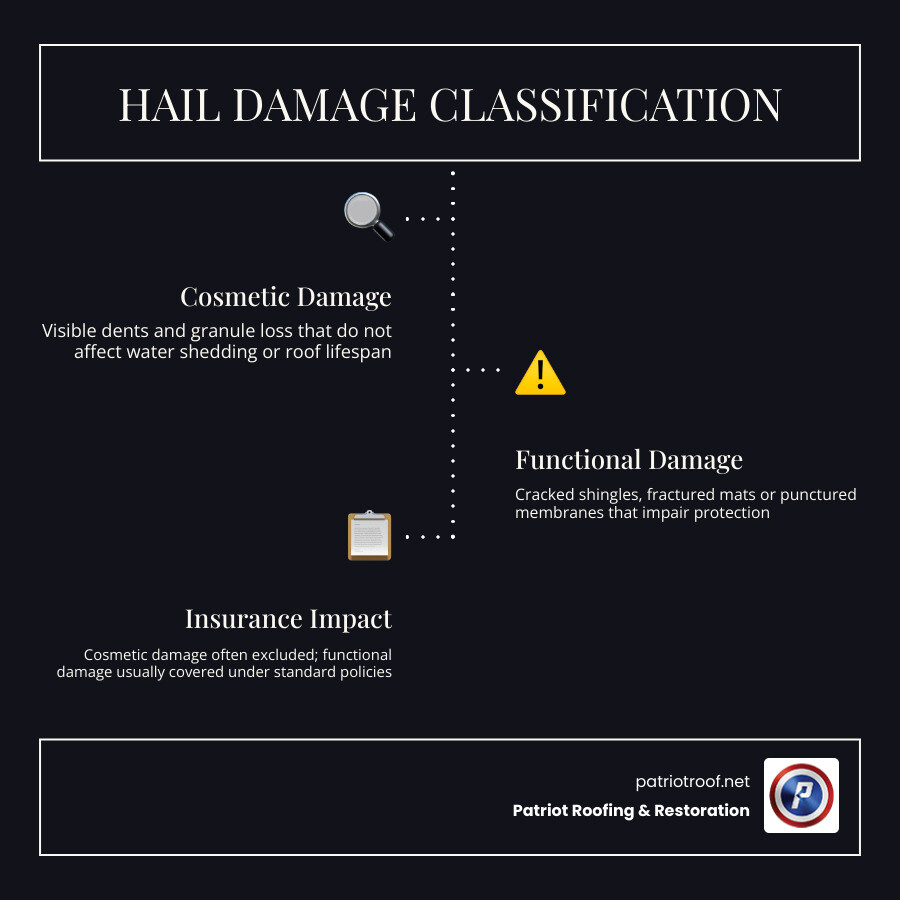 infographic comparing cosmetic vs functional hail roof damage with examples and insurance coverage impact infographic