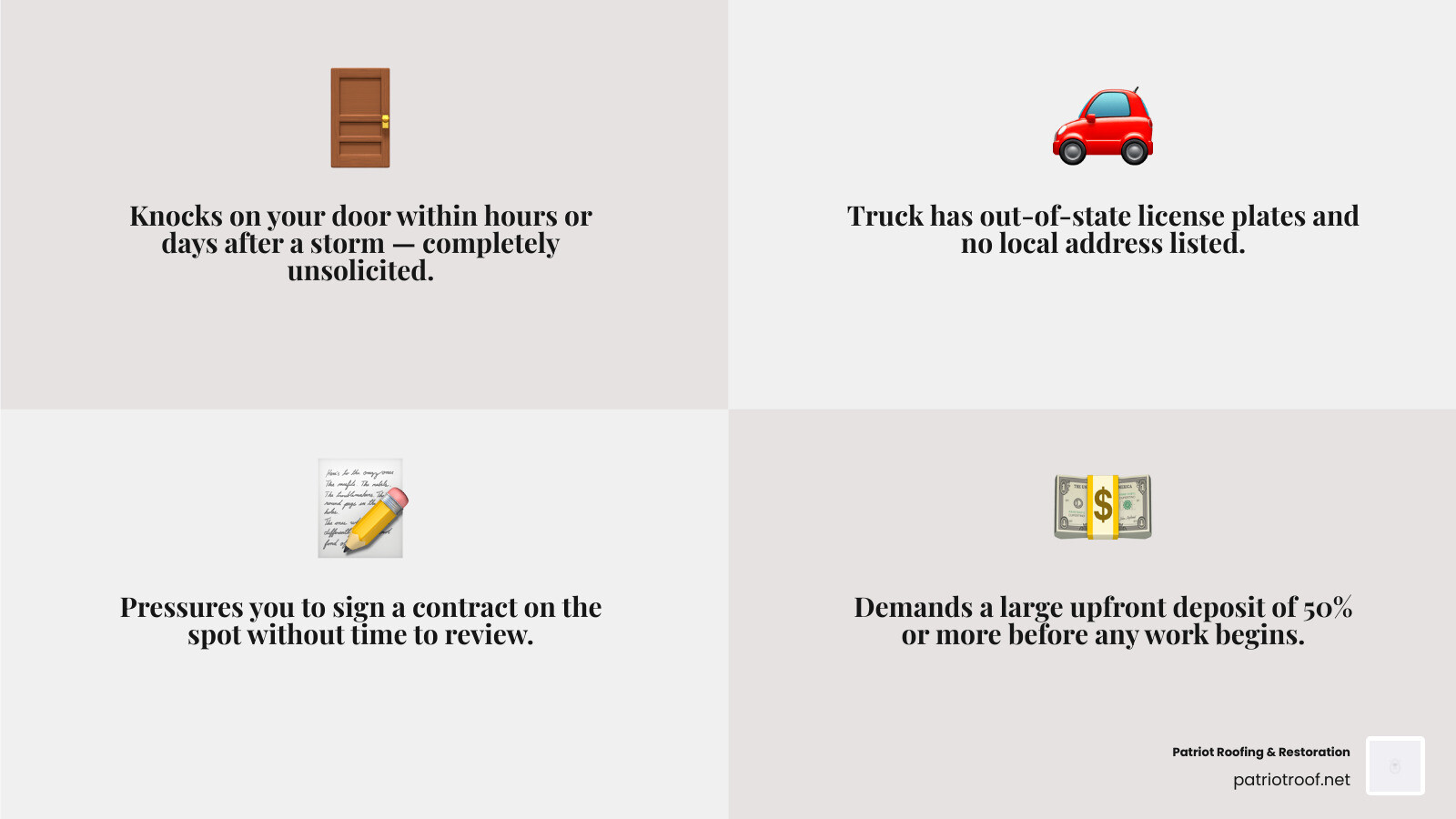 Infographic showing 6 red flags of storm-chasing roofers in Arkansas with icons for each warning sign infographic