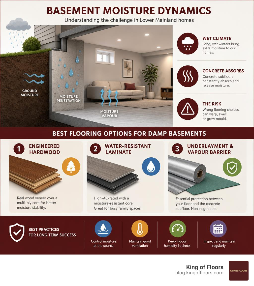 Infographic showing basement moisture dynamics and best flooring options for Lower Mainland homes infographic