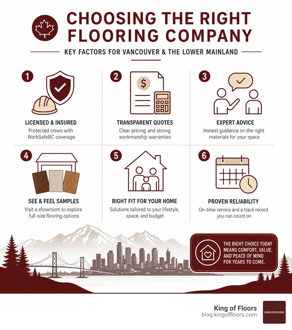 Infographic comparing key factors when choosing flooring companies in Vancouver and the Lower Mainland infographic