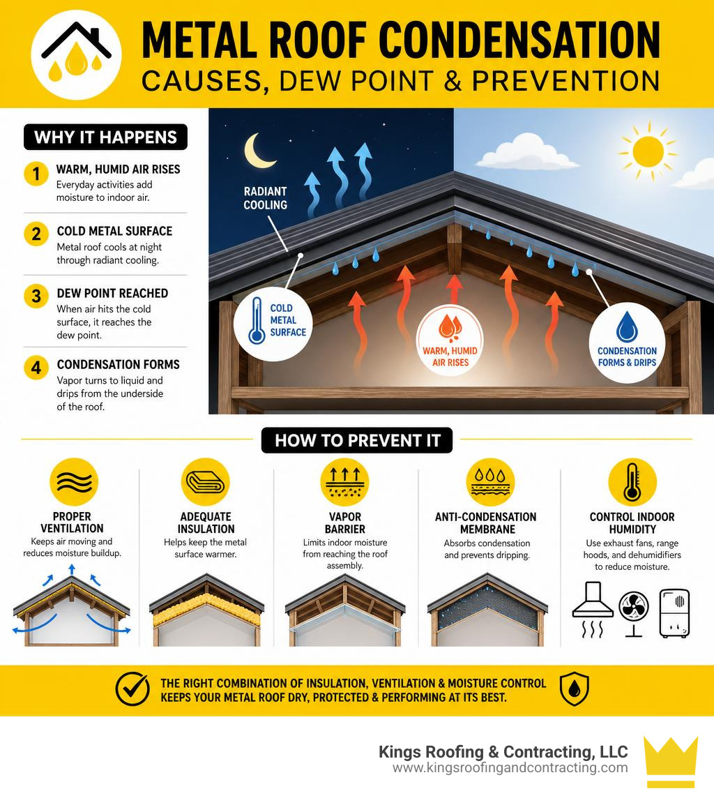 Infographic explaining metal roof condensation causes dew point vapor and prevention methods infographic