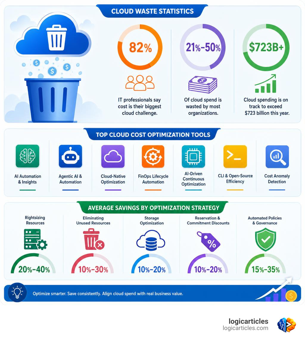 infographic showing cloud waste statistics, top tools, and average savings by optimization strategy infographic infographic showing cloud waste statistics, top tools, and average savings by optimization strategy infographic