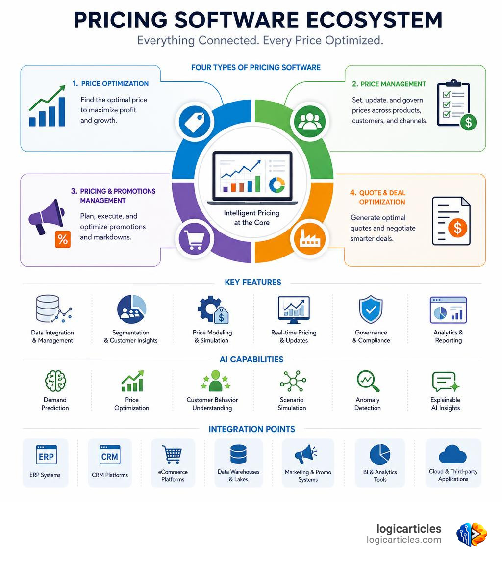 pricing software ecosystem: four types, key features, AI capabilities, and integration points infographic