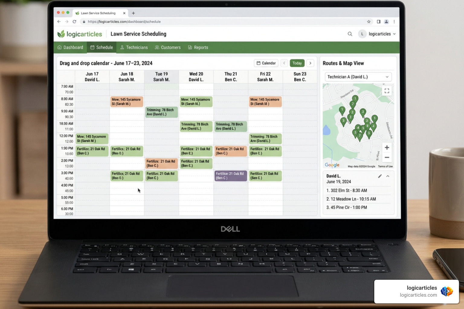 A drag-and-drop scheduling dashboard showing technician assignments and daily routes A drag-and-drop scheduling dashboard showing technician assignments and daily routes