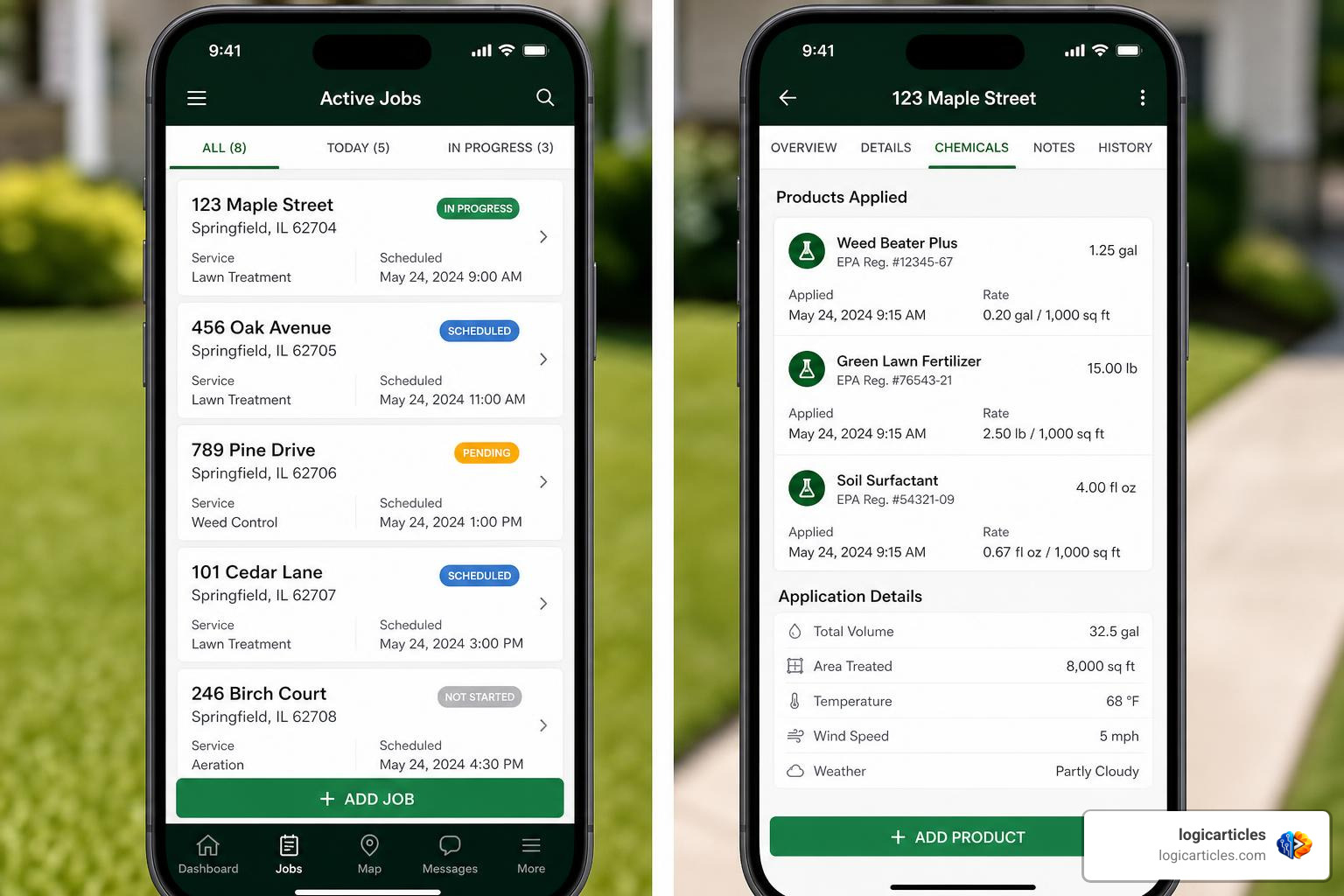 Mobile app interface for field crews showing active jobs and chemical tracking logs Mobile app interface for field crews showing active jobs and chemical tracking logs