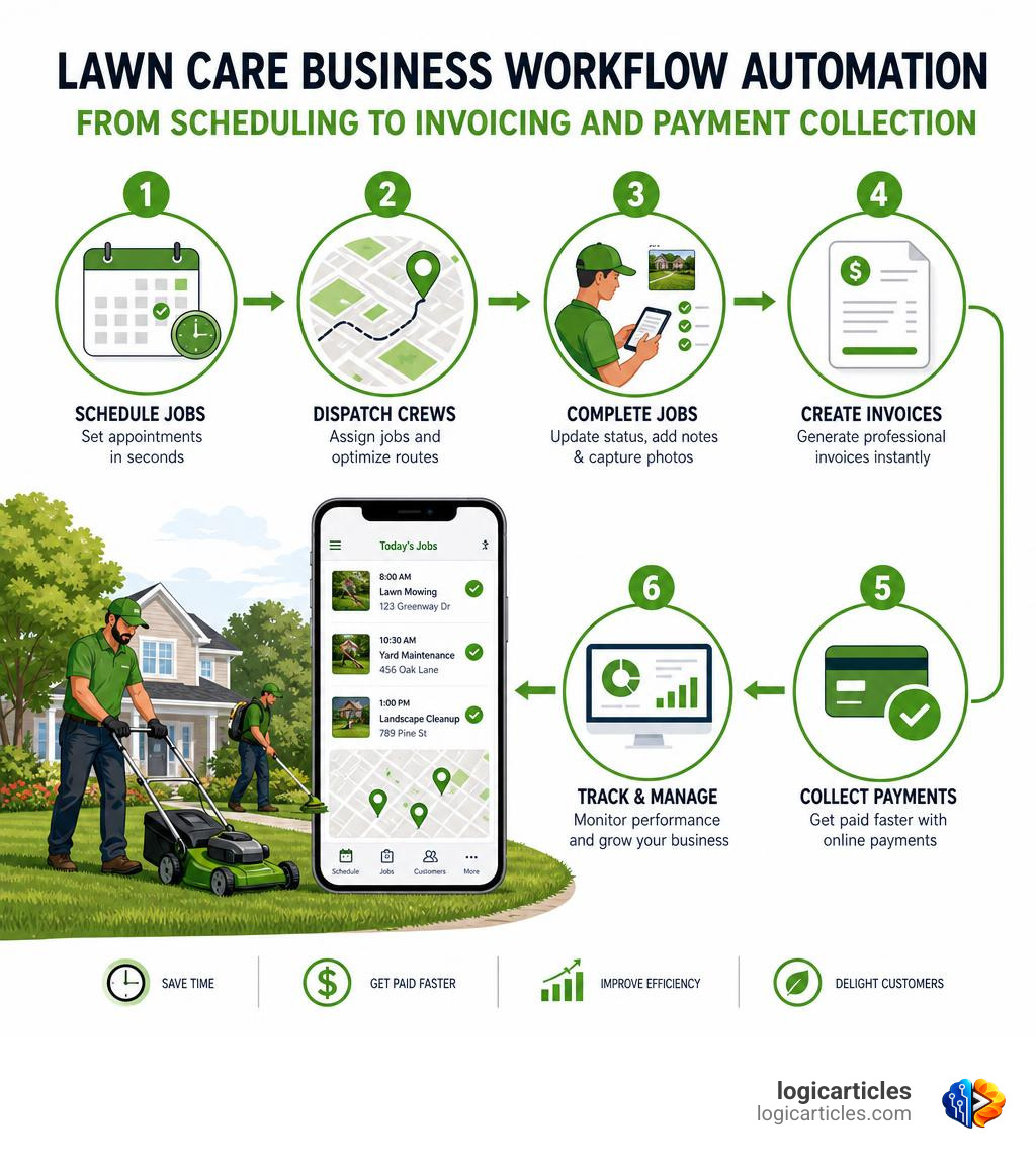 Lawn care business workflow automation: from scheduling to invoicing and payment collection infographic Lawn care business workflow automation: from scheduling to invoicing and payment collection infographic