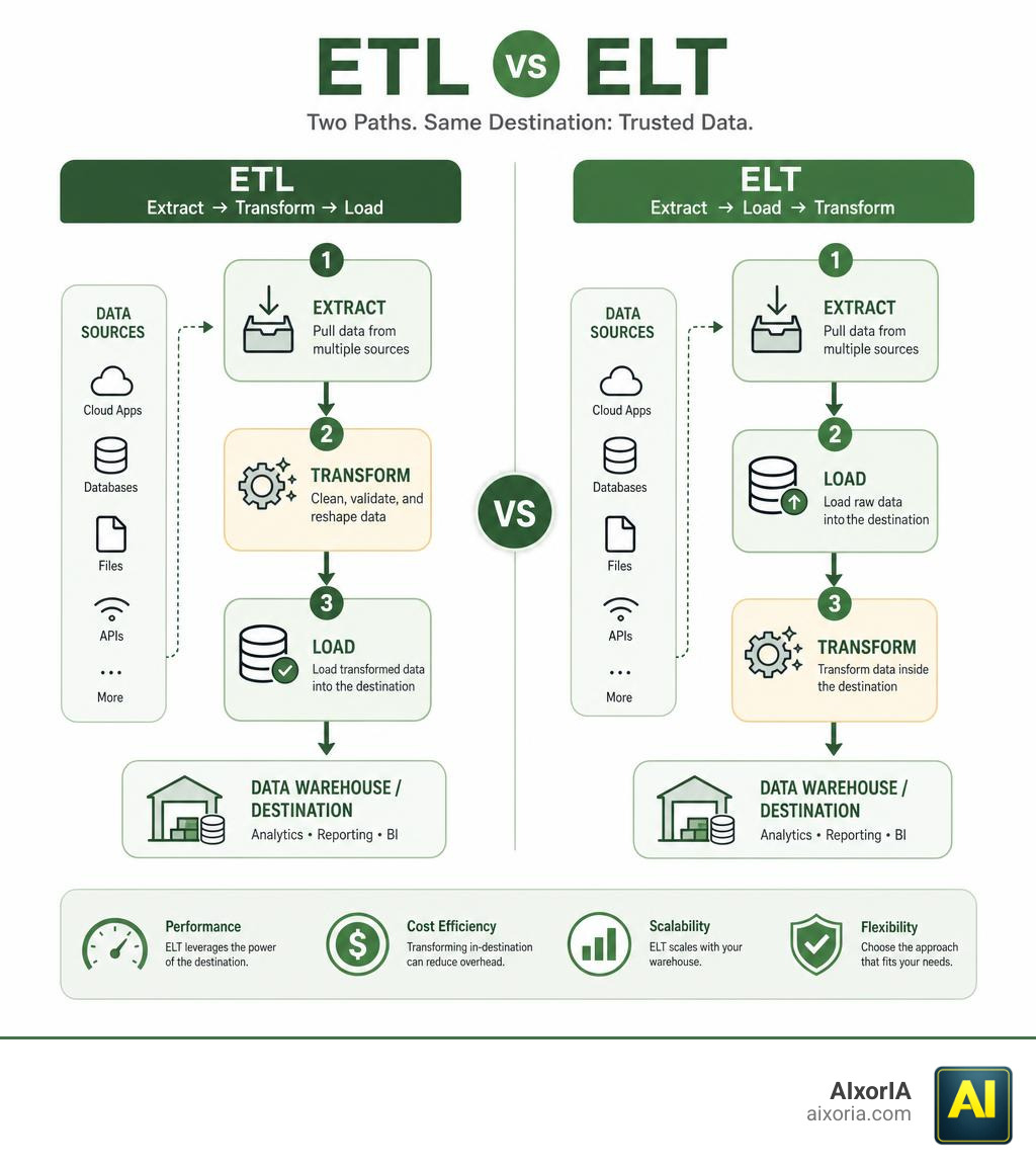 ETL vs ELT process comparison infographic showing extract-transform-load vs extract-load-transform flows infographic