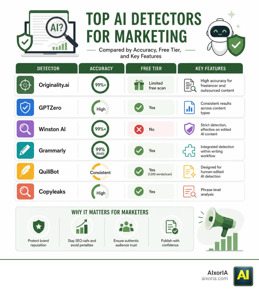 Top AI detectors for marketing compared by accuracy, free tier, and key features infographic