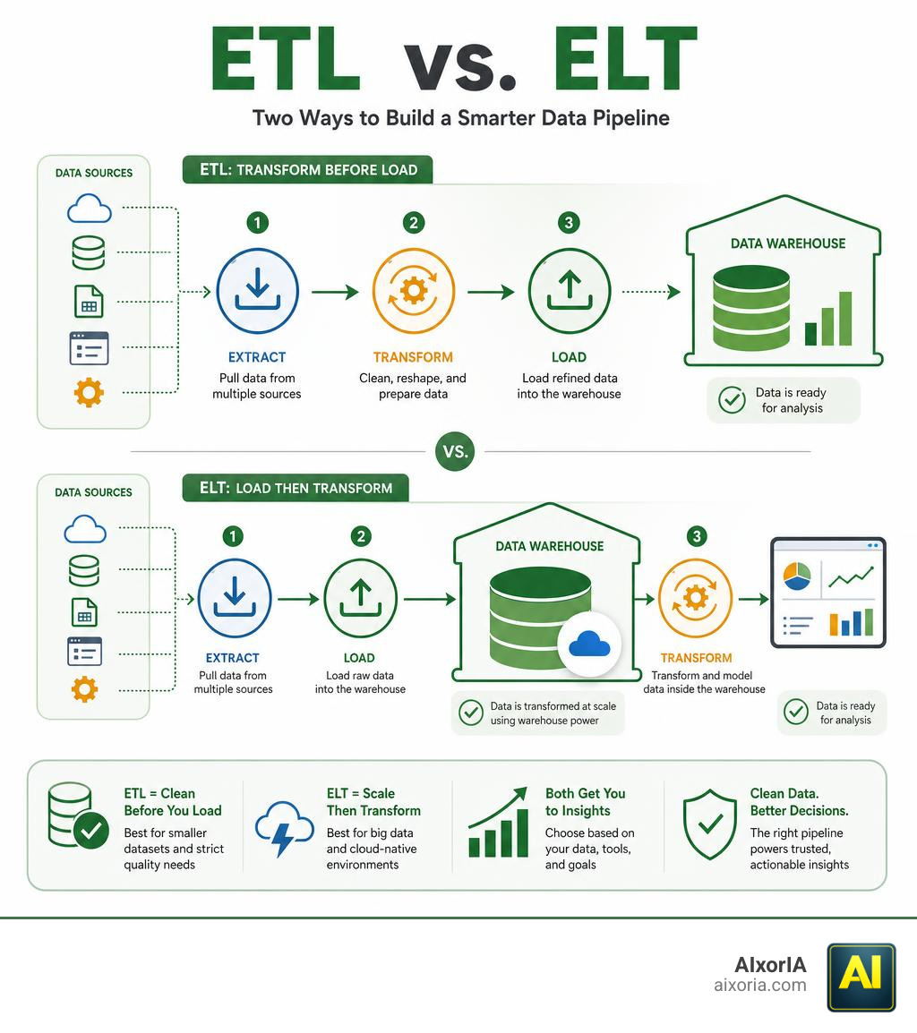 ETL vs ELT comparison infographic showing extract transform load steps vs load then transform in cloud warehouse infographic