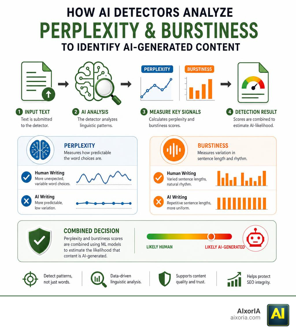 How AI detectors analyze perplexity and burstiness to identify AI-generated content infographic
