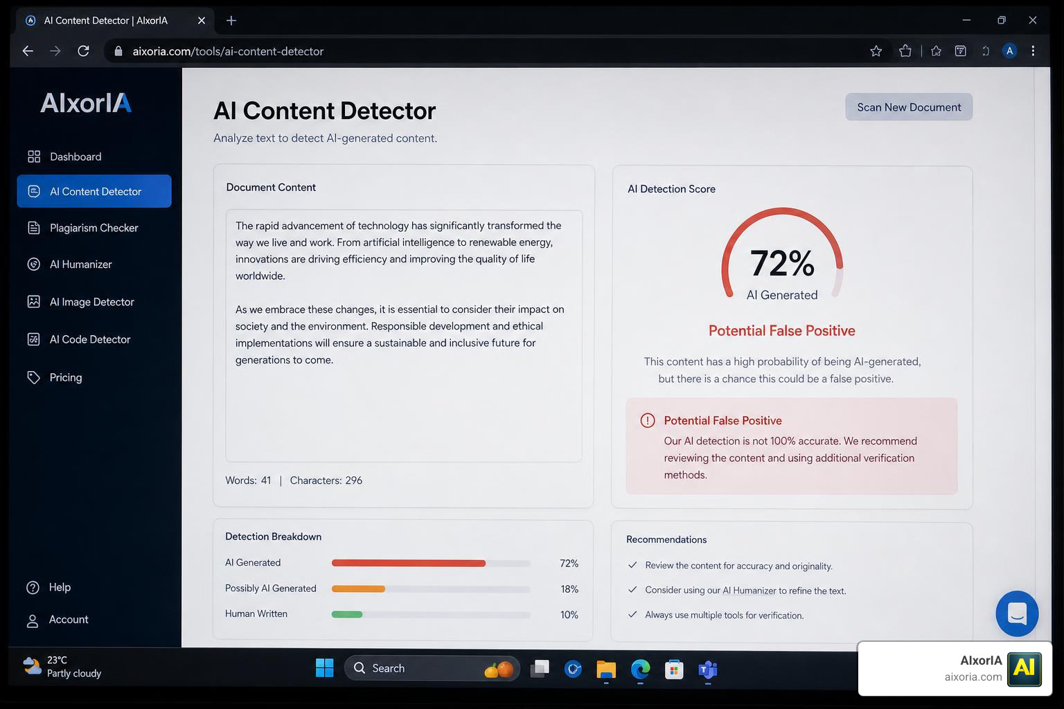 A warning screen showing a potential false positive AI score
