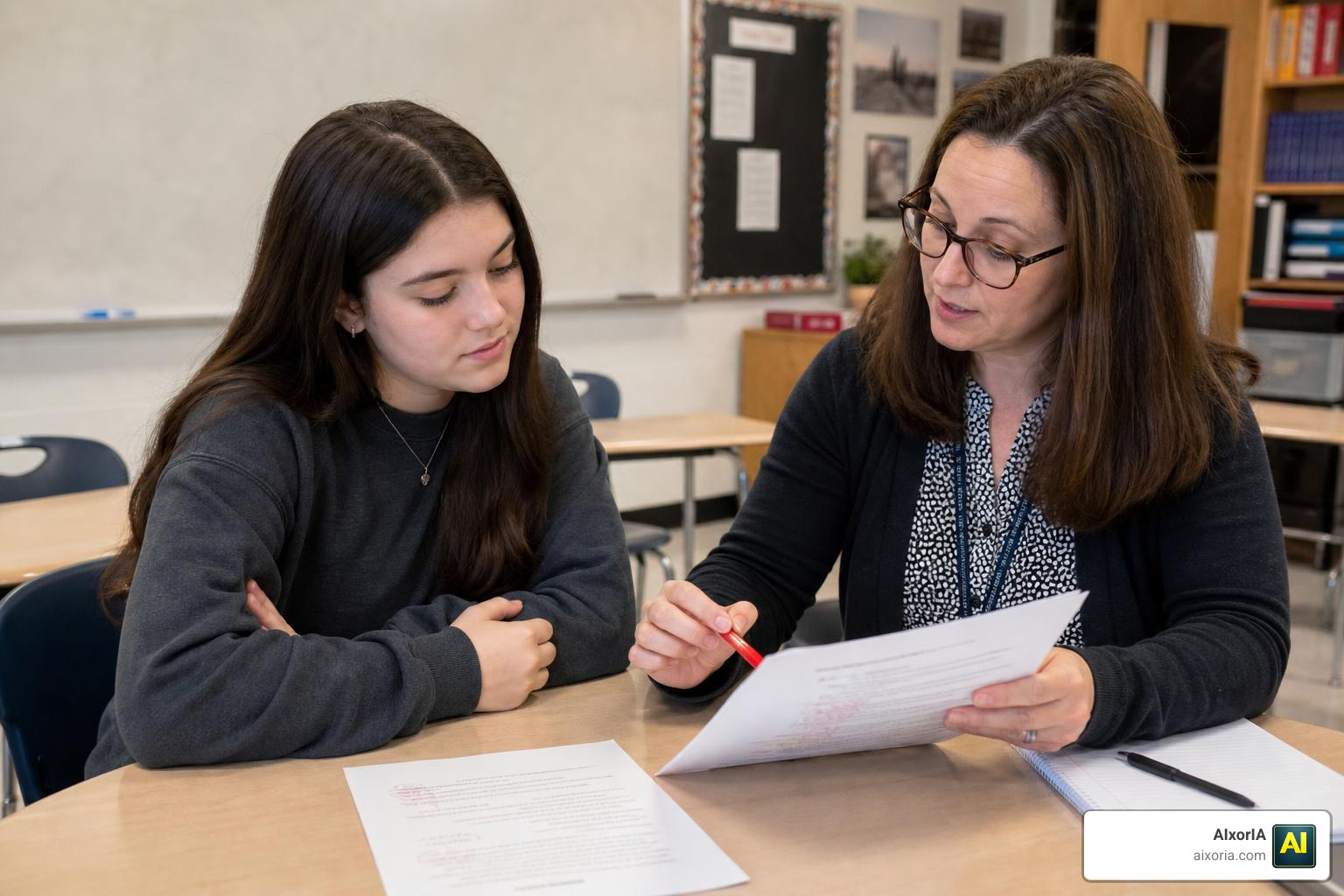 Teacher discussing essay feedback with a student