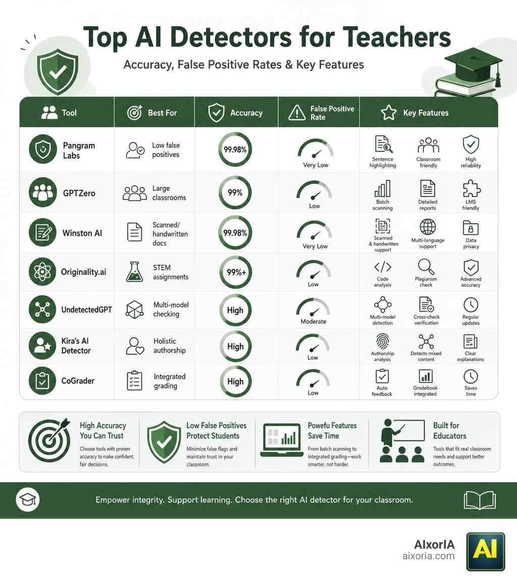 Infographic comparing top AI detectors for teachers: accuracy, false positive rates, and key features infographic