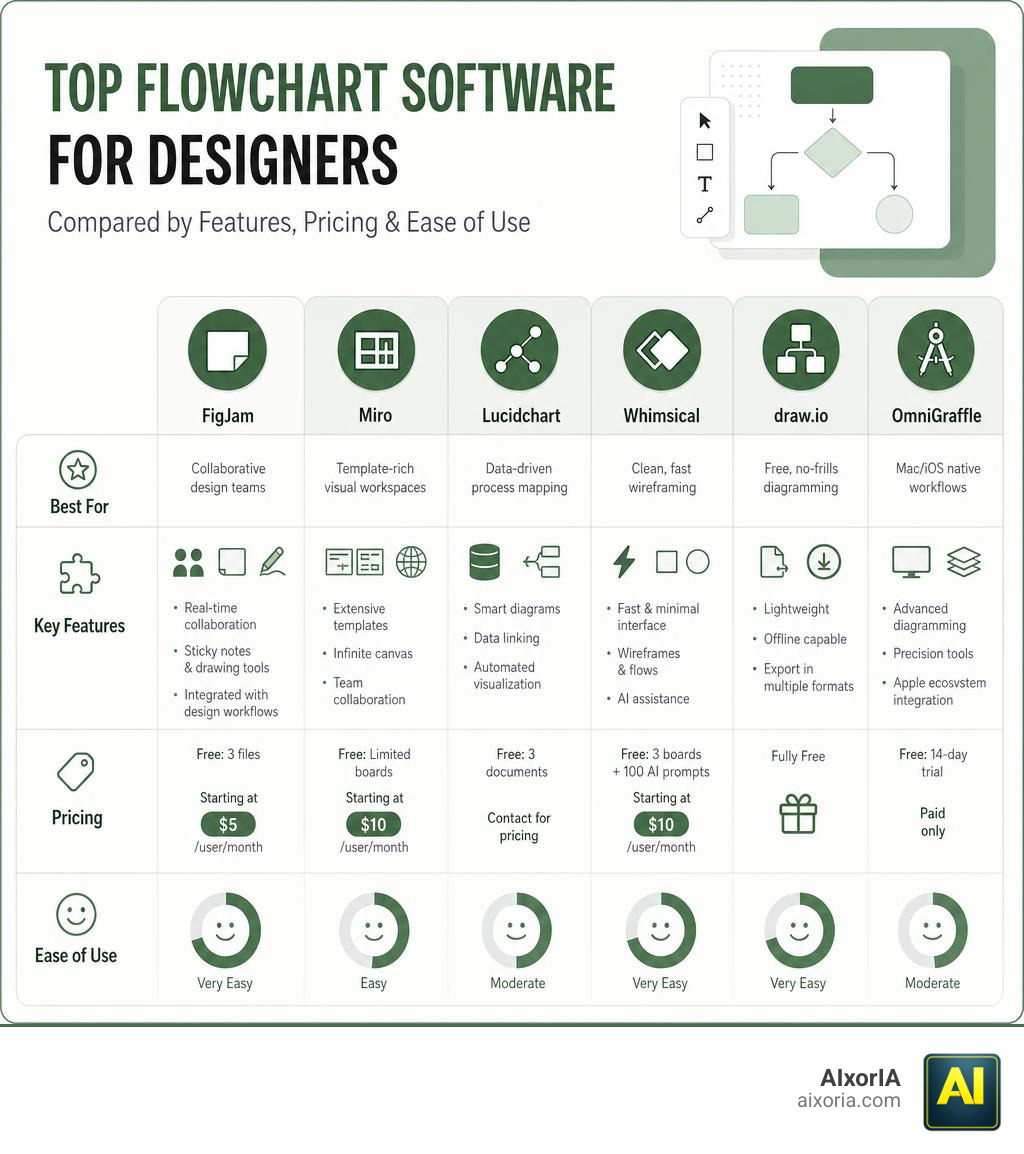 Top flowchart software for designers compared by features, pricing, and ease of use infographic