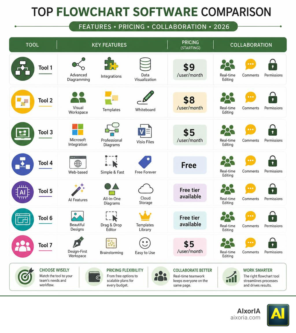comparison of top flowchart software tools features pricing and collaboration for 2026 infographic
