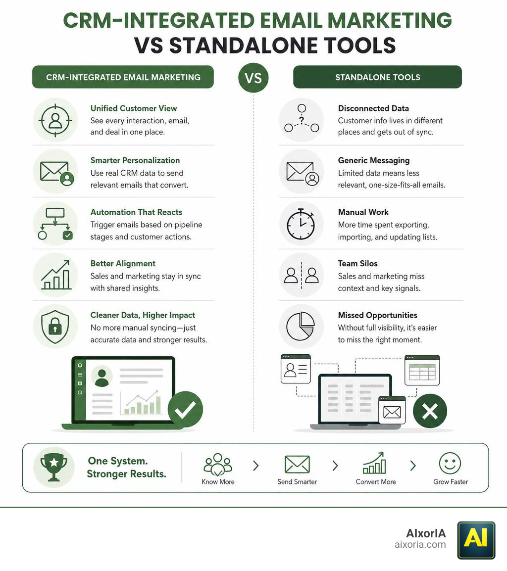 Infographic showing benefits of CRM-integrated email marketing vs standalone tools infographic