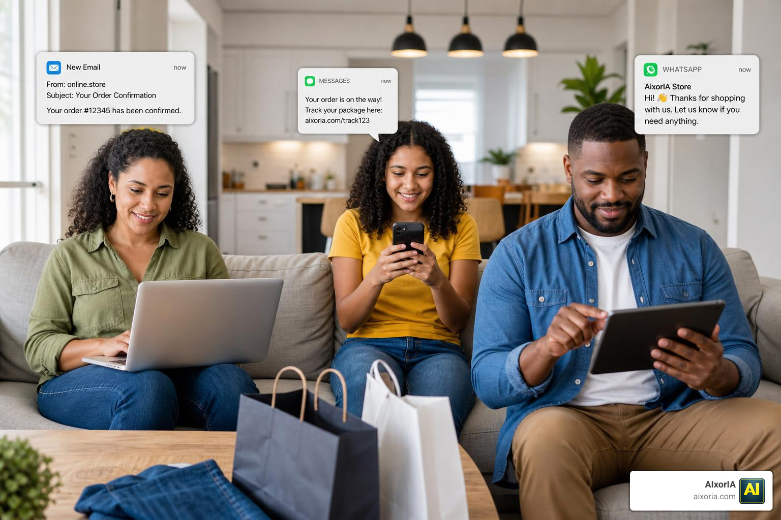 Omnichannel marketing flow showing email, SMS, and WhatsApp coordination