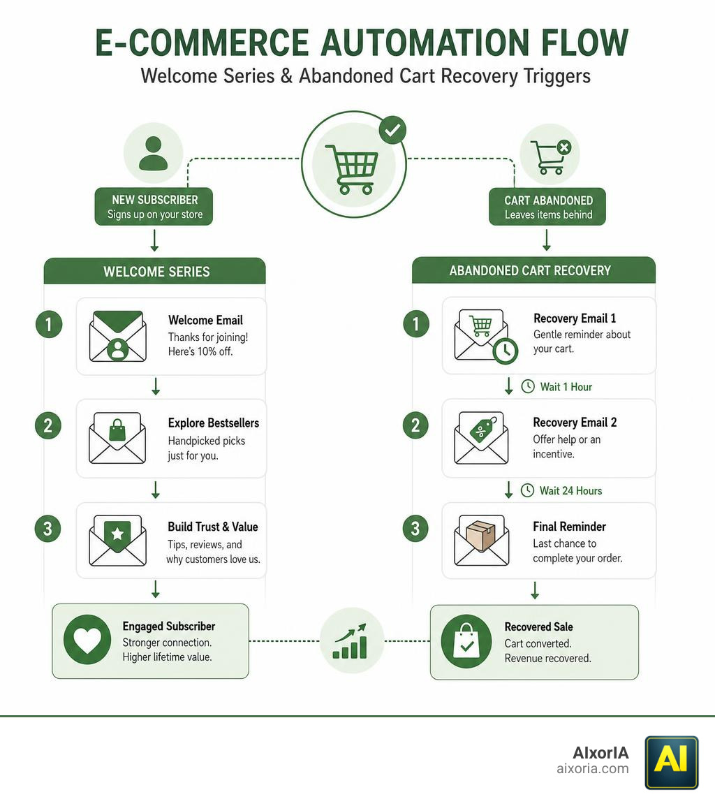 E-commerce automation flow showing welcome series and abandoned cart recovery triggers infographic
