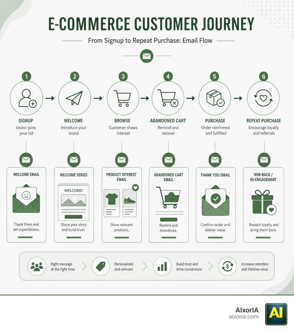 E-commerce customer journey from signup to repeat purchase email flow infographic infographic