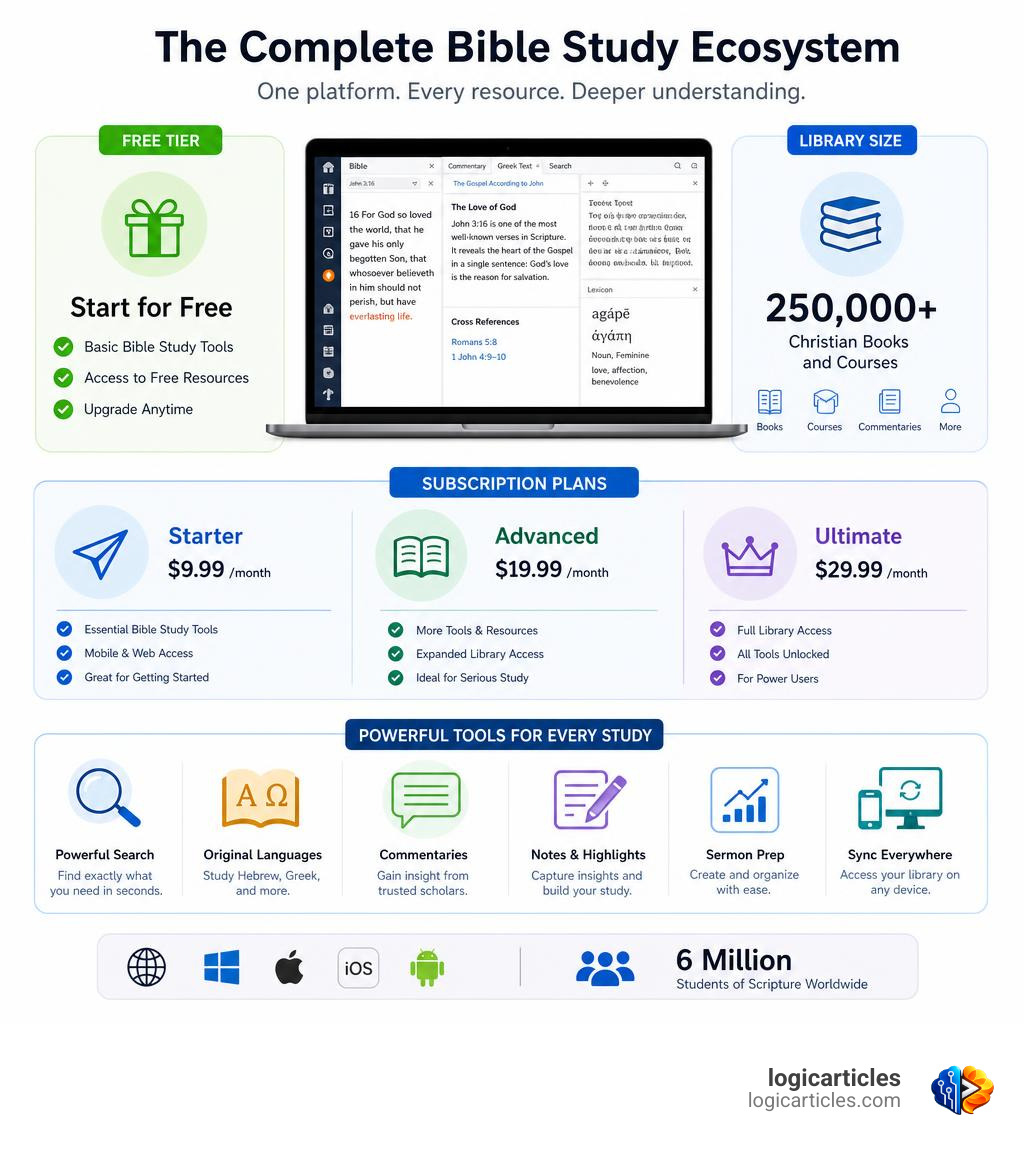 Logos Bible Software ecosystem infographic showing free tier, subscription plans, library size, and key tools infographic Logos Bible Software ecosystem infographic showing free tier, subscription plans, library size, and key tools infographic