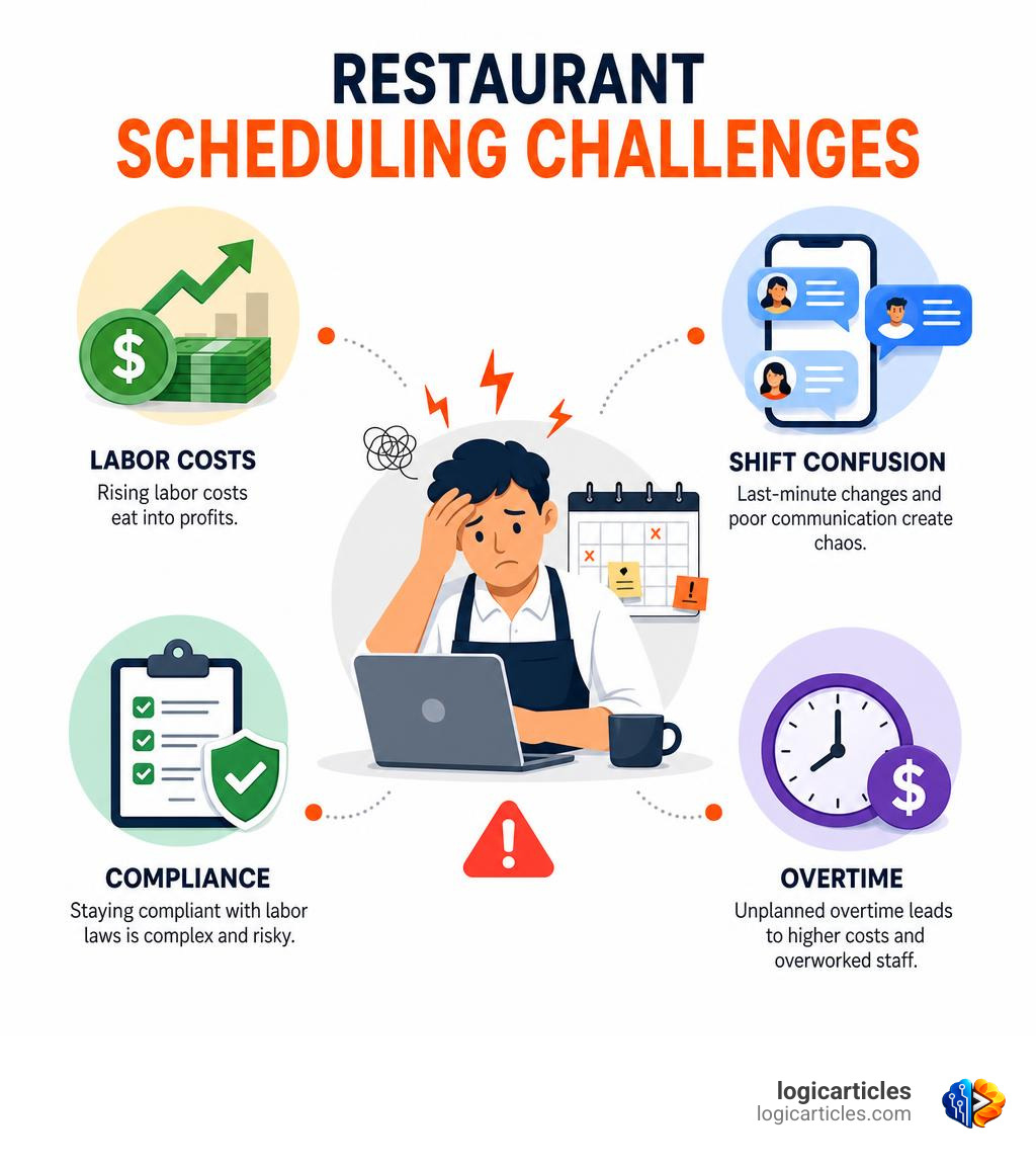 Restaurant scheduling challenges: labor costs, shift confusion, compliance, overtime infographic Restaurant scheduling challenges: labor costs, shift confusion, compliance, overtime infographic