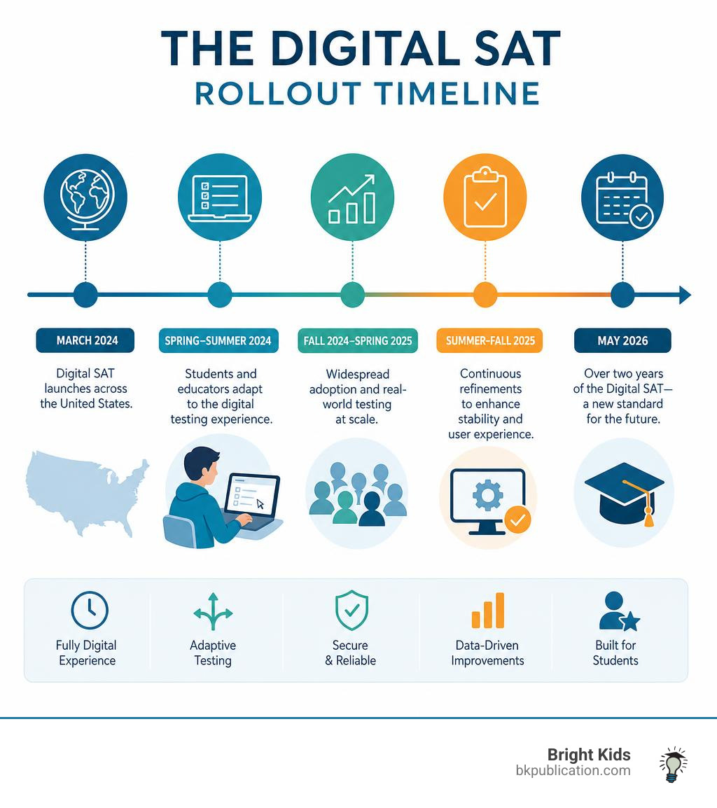Timeline of the Digital SAT rollout from March 2024 to May 2026 infographic