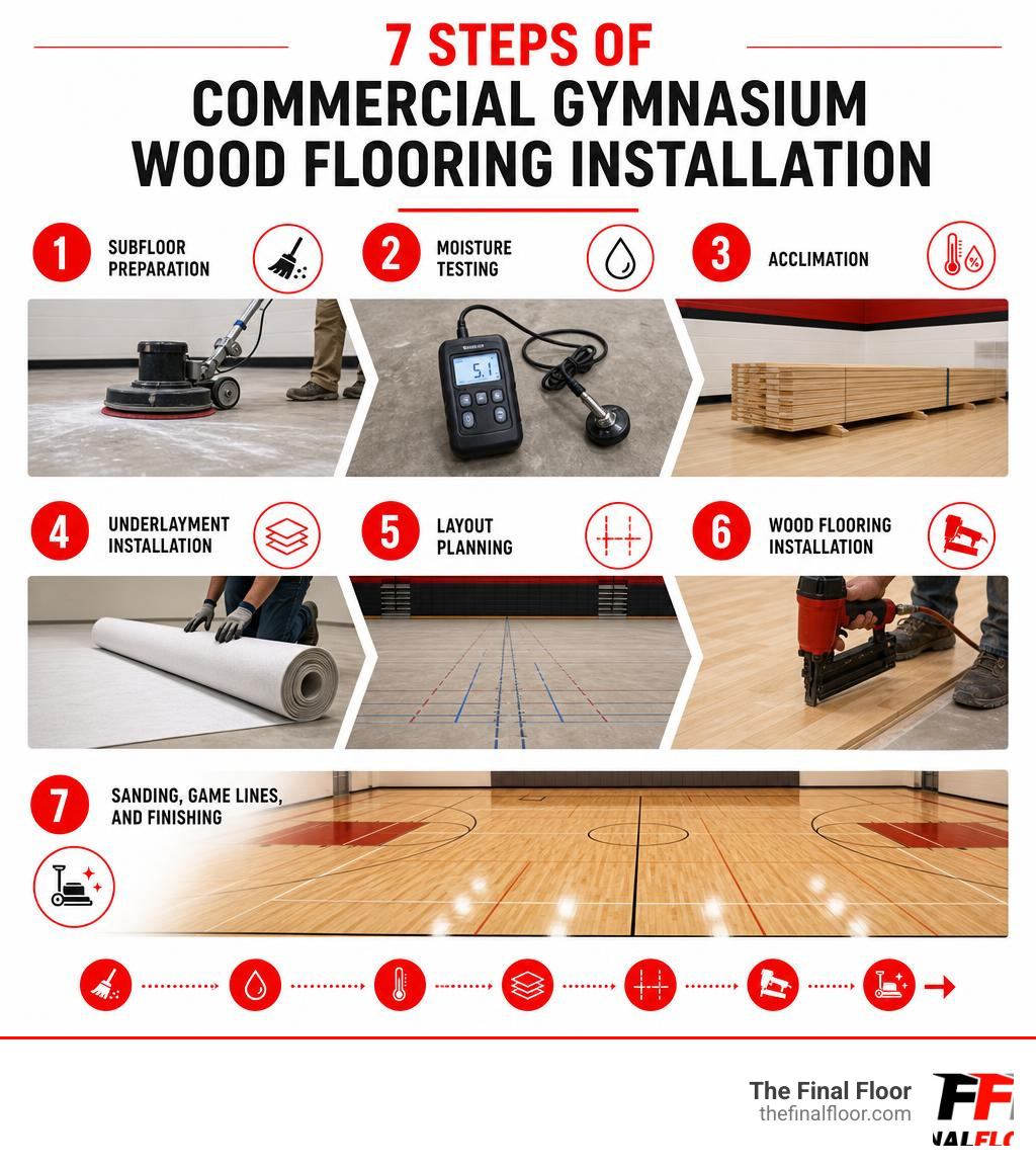 Step-by-step infographic: 7 steps of commercial gymnasium wood flooring installation process infographic