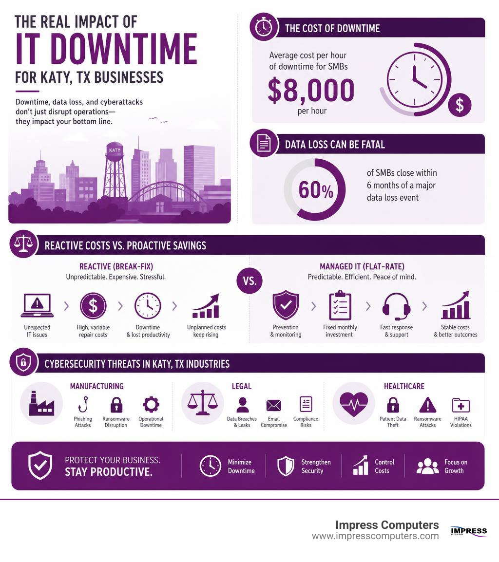 Infographic showing the financial impact of IT downtime on small and medium-sized businesses: average cost per hour of downtime, percentage of SMBs that close within 6 months of a major data loss event, comparison of reactive break-fix costs vs. flat-rate managed IT plans, and key stats on cybersecurity threats facing Katy TX industries including manufacturing, legal, and healthcare - it support katy tx infographic simple-stat-landscape-green Infographic showing the financial impact of IT downtime on small and medium-sized businesses: average cost per hour of downtime, percentage of SMBs that close within 6 months of a major data loss event, comparison of reactive break-fix costs vs. flat-rate managed IT plans, and key stats on cybersecurity threats facing Katy TX industries including manufacturing, legal, and healthcare - it support katy tx infographic simple-stat-landscape-green
