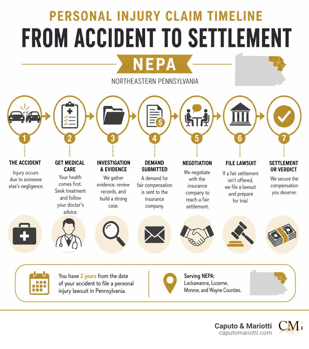 Personal injury claim timeline infographic for NEPA showing steps from accident to settlement infographic Personal injury claim timeline infographic for NEPA showing steps from accident to settlement infographic