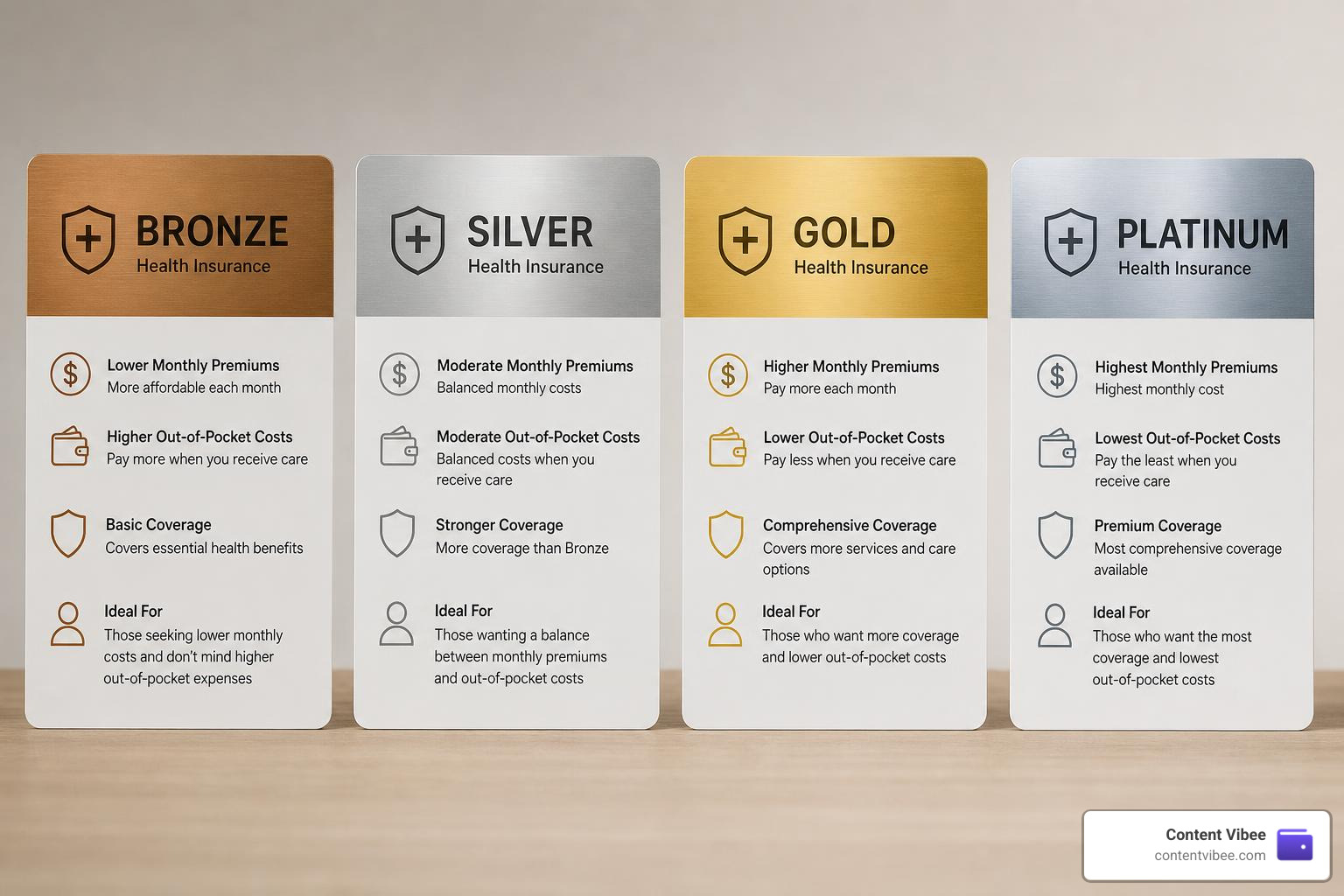 Health insurance metal tiers comparison chart showing Bronze, Silver, Gold, and Platinum levels