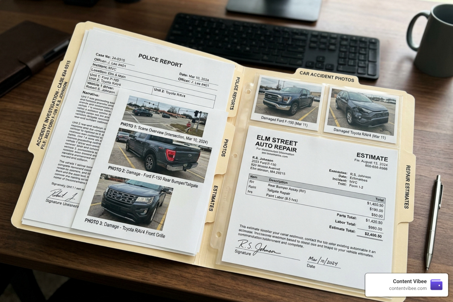 Organized claim evidence folder containing police reports, photos, and estimates