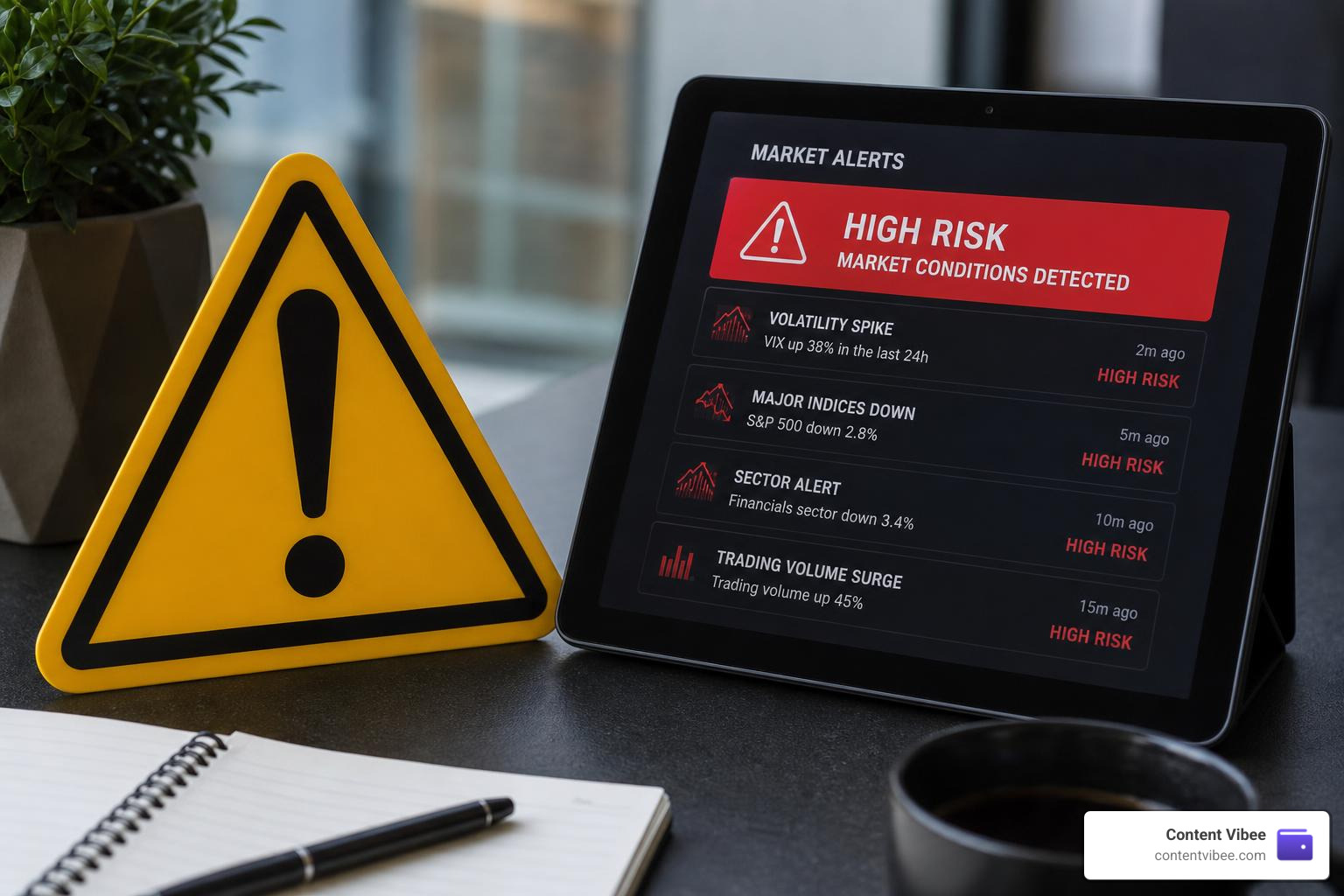 warning sign next to digital tablet showing high-risk market alerts warning sign next to digital tablet showing high-risk market alerts